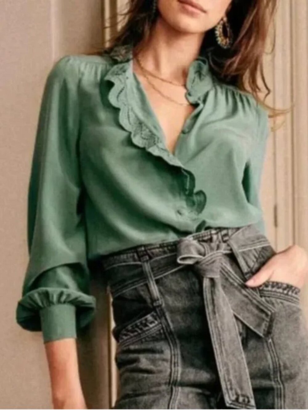 Sezane Chlo Silk Shirt in Olive Green w/ Ruffle Collar - Size US 4/ EU 36